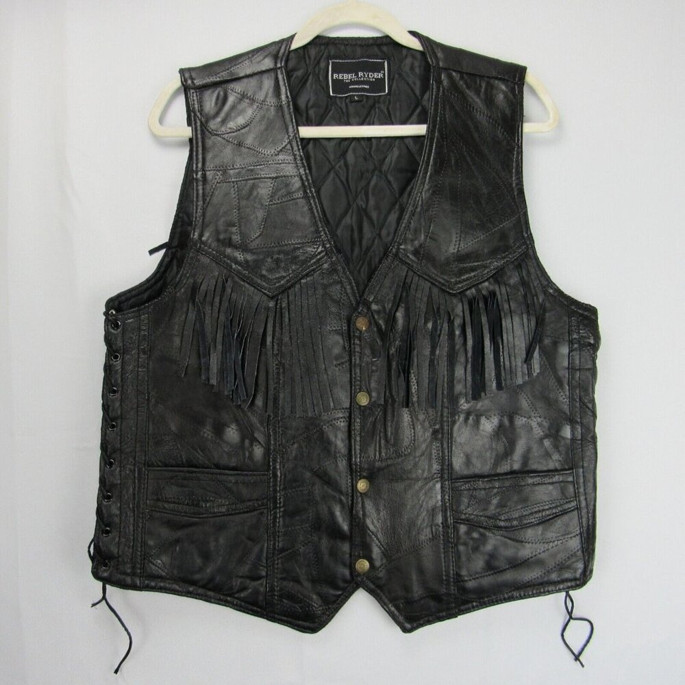 Women’s Biker Rebel Ryder Leather Vest Black Fringe Patchwork Lace Up Sides L